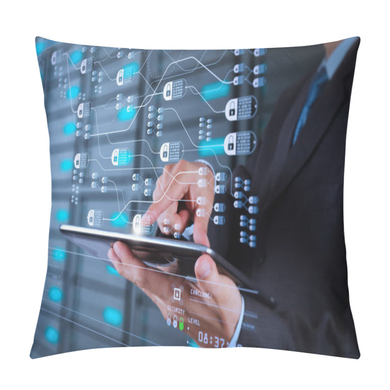 Personality  Blockchain Technology Concept With Diagram Of Chain And Encrypted Blocks.businessman Hand Using Tablet Computer And Server Room Background Pillow Covers