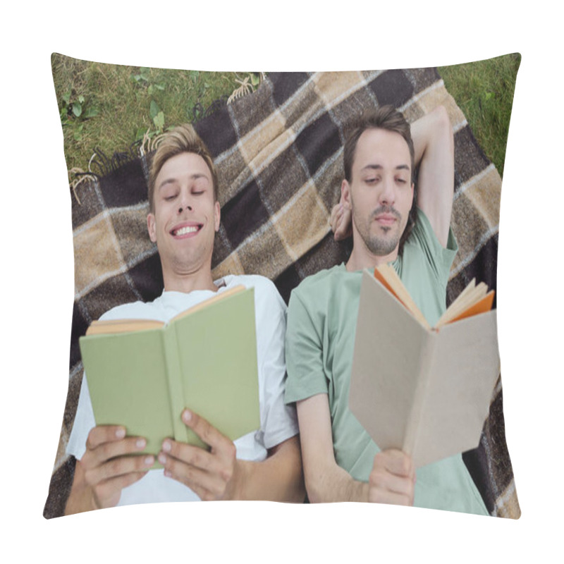 Personality  Two Men Relax On A Blanket, Deeply Engaged In Their Books While Enjoying Natures Tranquility. Pillow Covers