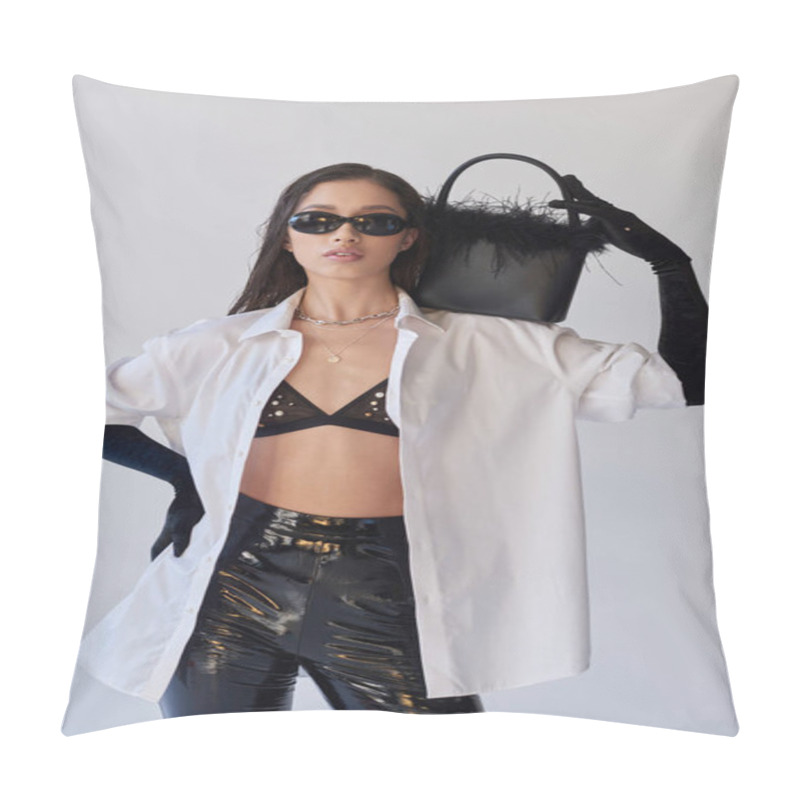 Personality  Fashion Forward, Asian Woman In Sunglasses Posing With Feathered Handbag And Hand On Hip On Grey Background, Young Model, Black Gloves And White Shirt, Latex Shorts, Conceptual, Personal Style  Pillow Covers