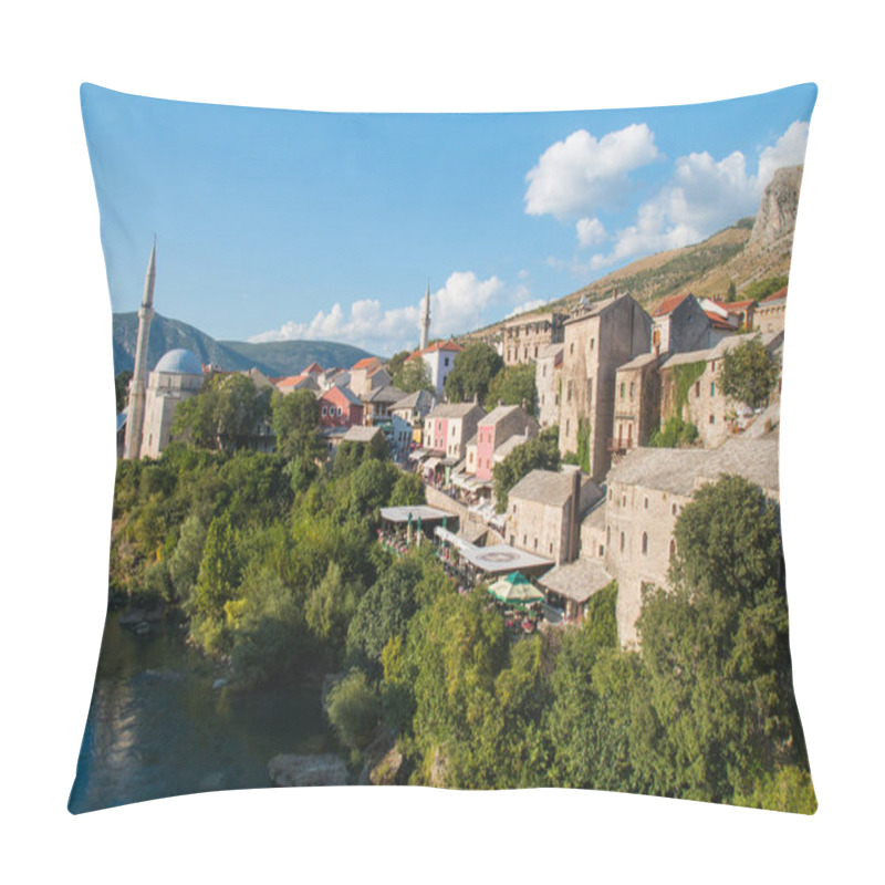 Personality  Beautiful View On Mostar City With Old Bridge, Mosque And Ancient Buildings On Neretva River In Bosnia And Herzegovina. Popular Tourist Destination Pillow Covers