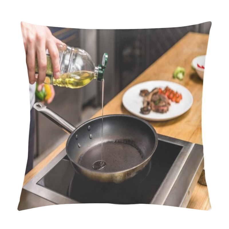 Personality  Cropped Image Of Chef Pouring Oil On Frying Pan Pillow Covers