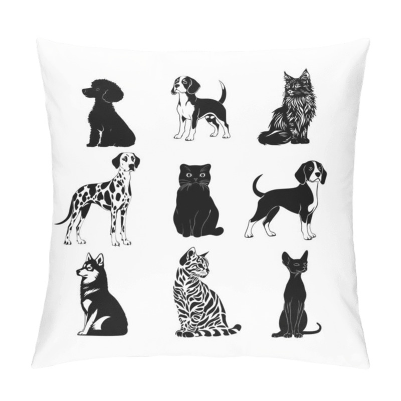 Personality  Various Dog And Cat Silhouettes In A Grid Pattern Showcasing Different Breeds And Styles Pillow Covers