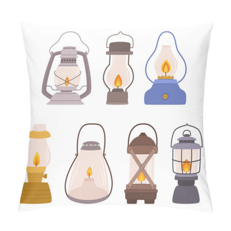 Personality  Camp Lamps Set. Fuel Lanterns Traditional Illumination Device, Radiates A Warm, Flickering Light Through A Wick Dipped In Fuel, Providing A Rustic And Nostalgic Ambiance. Cartoon Vector Illustration Pillow Covers