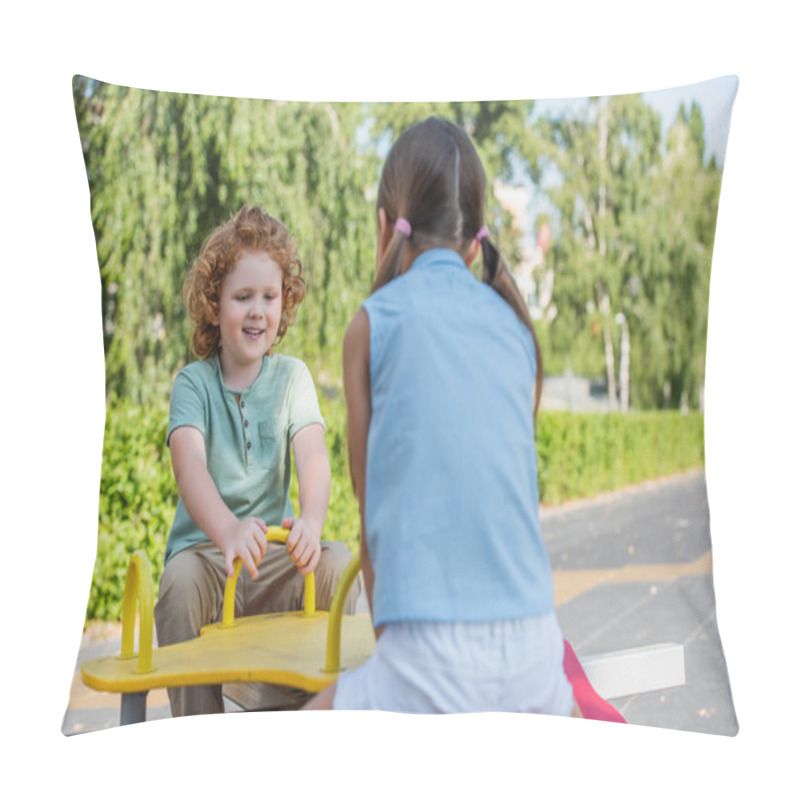 Personality  Cheerful Boy Riding Seesaw With Sister In Summer Park Pillow Covers