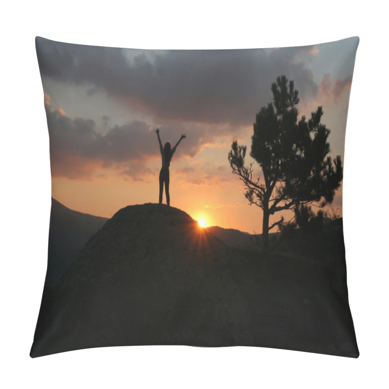 Personality  Silhouette Of A Girl Standing On A Mountain With His Hands Up Ag Pillow Covers