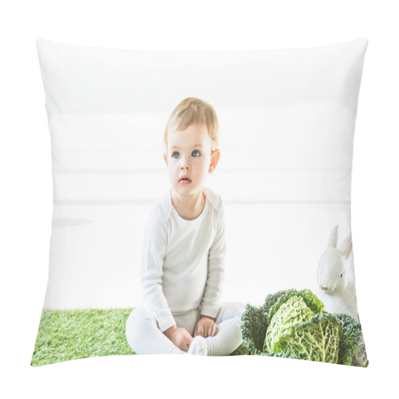 Personality  Adorable Kid Sitting Near Savoy Cabbage And Decorative Rabbit On White Pillow Covers