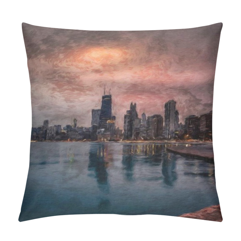 Personality  Real Painting Modern Artistic Artwork Chicago USA Drawing In Oil City Center Skyscrapers And Architecture, America Travel Downtown, Wall Art Print For Canvas Or Paper Poster, Tourism Production Design Pillow Covers