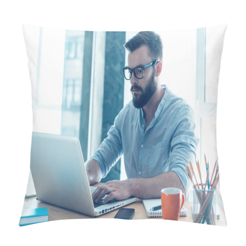 Personality  Beard Man Working On Laptop Pillow Covers