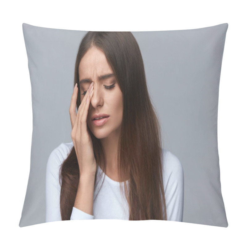 Personality  Woman Suffering From Strong Pain, Having Headache, Touching Face Pillow Covers