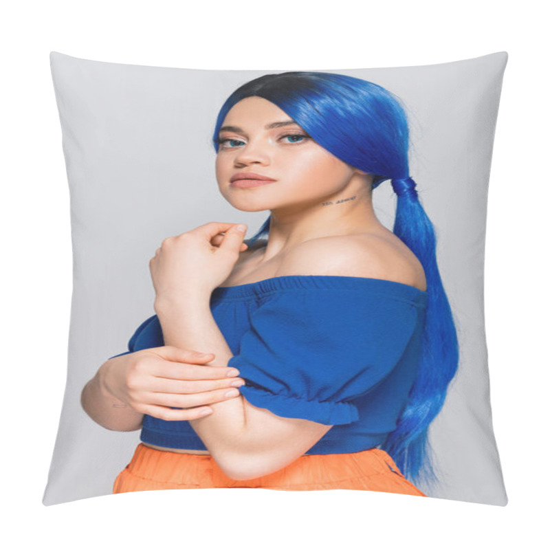 Personality  Beauty Trends, Dyed Hair, Summer Fashion, Tattooed Young Woman With Bare Shoulders Posing In Bright Blouse On Grey Background, Blue Hair Color, Hairstyle, Female Model, Makeup And Beauty  Pillow Covers