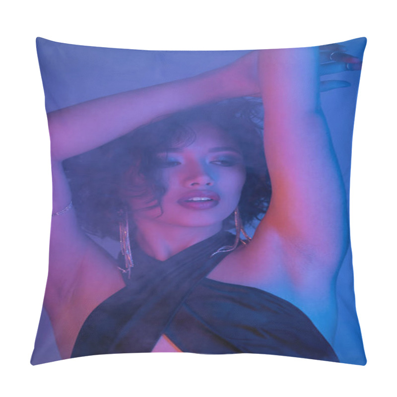 Personality  Young Asian Woman In Earrings And Dress Dancing In Neon Light And Smoke In Night Club Pillow Covers