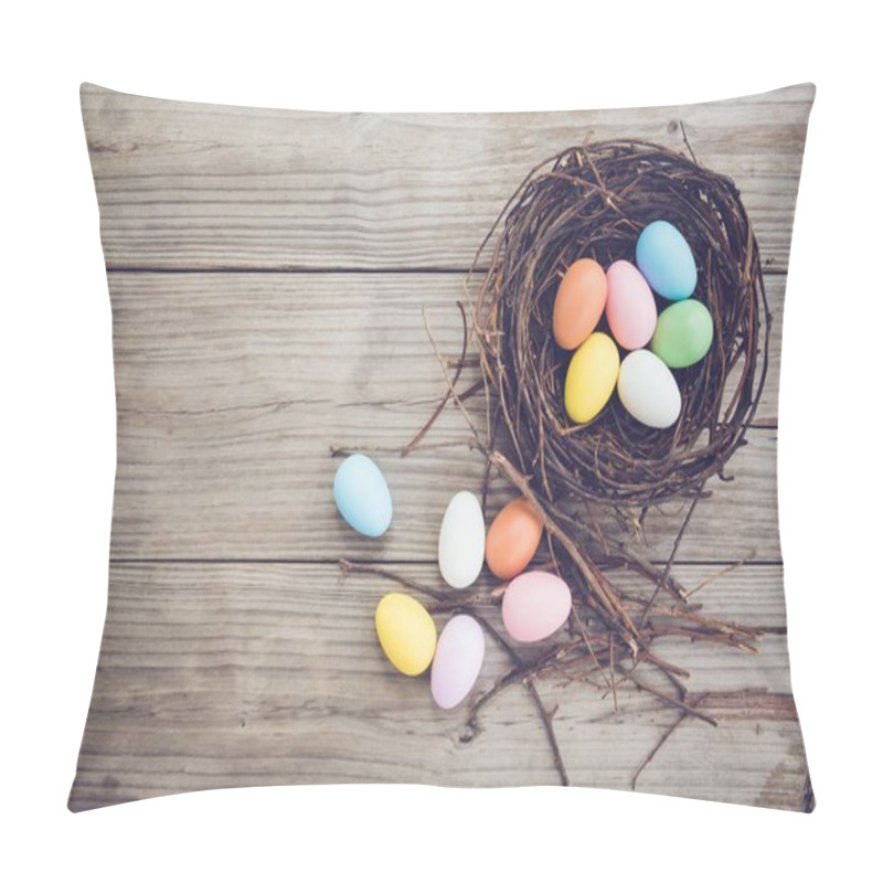 Personality  Colorful Easter Eggs In Nest On Rustic Wooden Planks Background. Holiday In Spring Season. Vintage Color Tone Style. Top View Composition. Pillow Covers