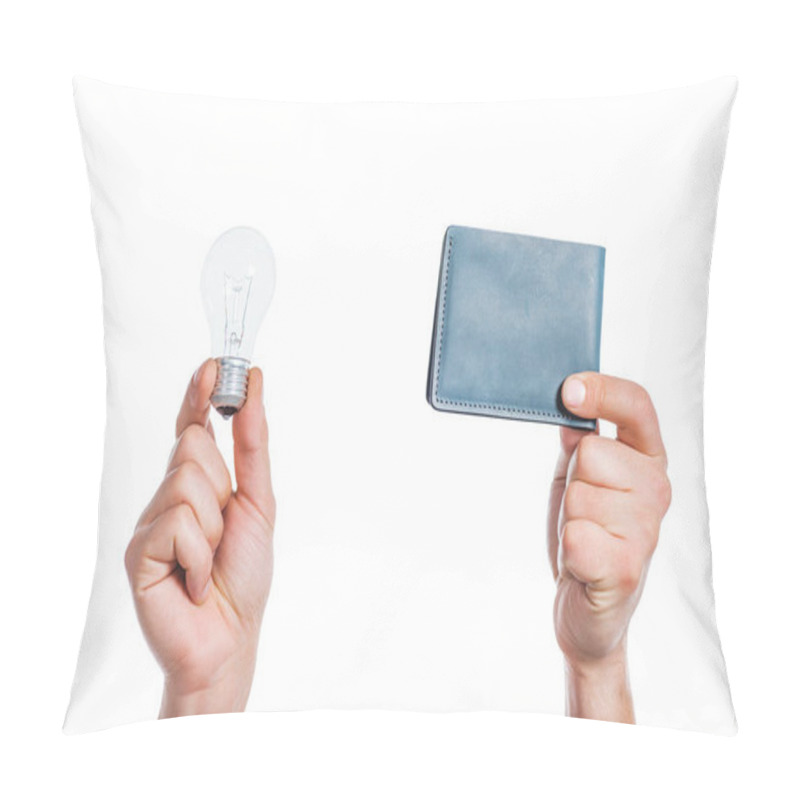 Personality  Cropped View Of Male Hands Holding Led Lamp And Wallet In Hands Isolated On White, Energy Efficiency Concept Pillow Covers