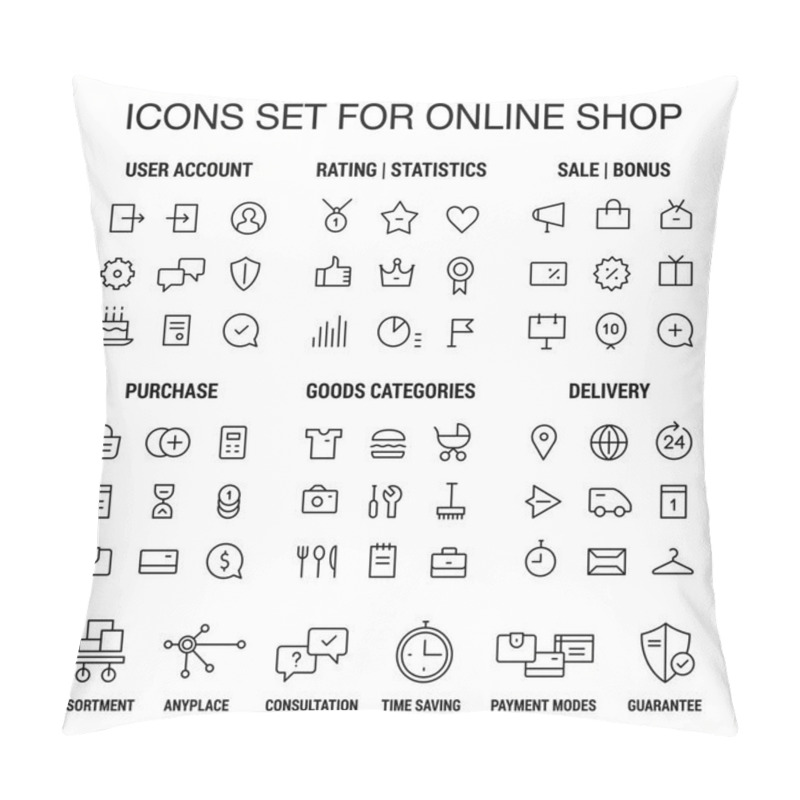 Personality  Icons Set For Online Shop. Thin Lines. Black On White. Pillow Covers