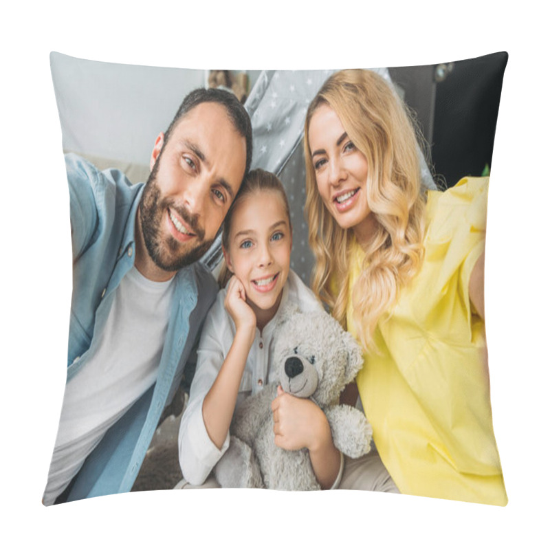 Personality  Point Of View Of Happy Young Family Taking Selfie At Home With Teepee On Background Pillow Covers