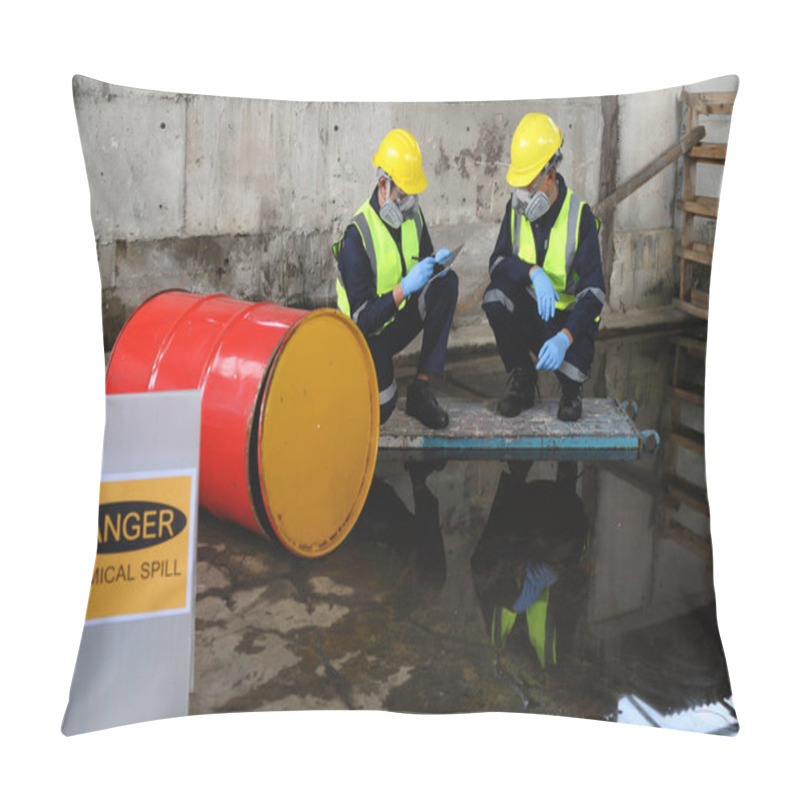 Personality  Two Officers Of Environmental Engineering Wearing Protective Equipment With Gas Masks Inspected Oil Spill Contamination In Warehouse Old, Hazardous Fuel Leakage And Environmental Concept. Pillow Covers