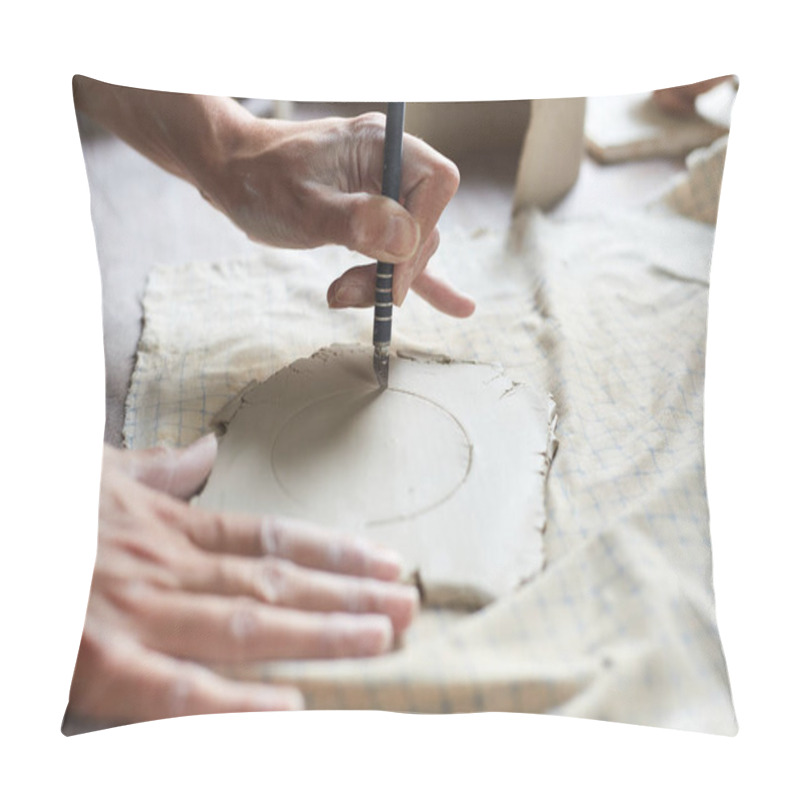 Personality  Female Ceramist Working In Pottery Studio. Ceramist's Hands Dirty Of Clay. Process Of Creating Pottery. Master Ceramist Works In Her Studio Pillow Covers