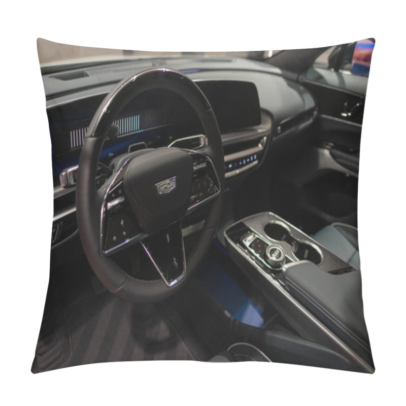 Personality  Modern And Stylish Interior Cadillac Lyriq, Steering Wheel Premium Electric SUV, Brands Advanced Technology In Europe, Automotive Industry, Frankfurt, Germany - September 28, 2024  Pillow Covers