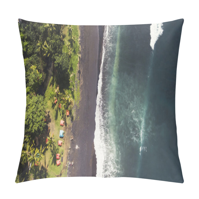 Personality  Top View Aerial Drone Photo Of Black Volcanic Sand Shore Backed By Thick Palm Trees Tropical Rainforest. Pillow Covers