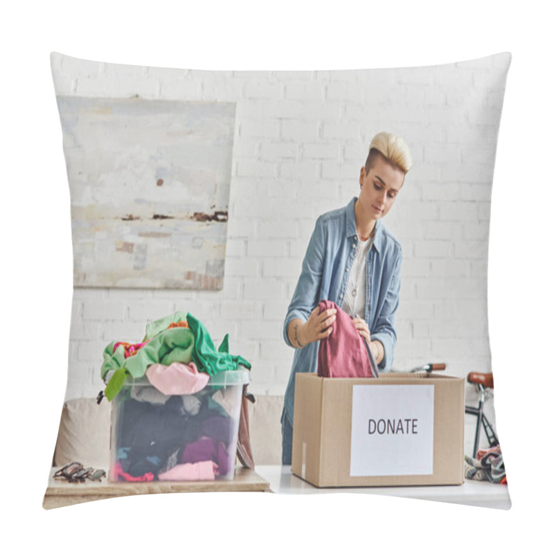 Personality  Donating For A Cause, Stylish Tattooed Woman Packing Garments In Donation Box Near Plastic Container With Second-hand Items In Living Room, Sustainable Living And Social Responsibility Concept Pillow Covers