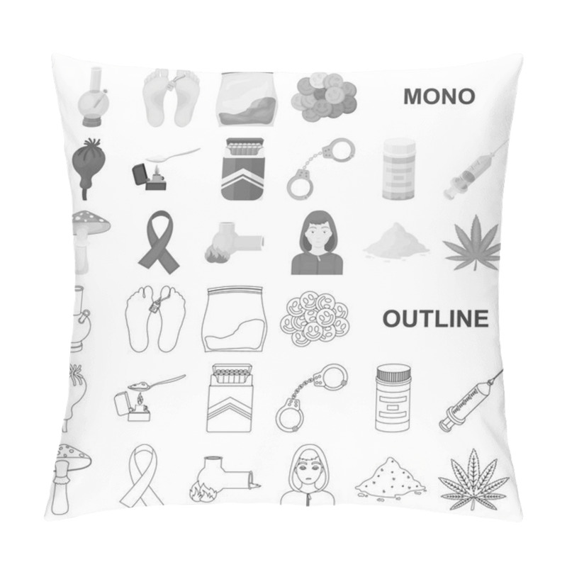 Personality  Drug Addiction And Attributes Monochrom Icons In Set Collection For Design. Addict And Drug Vector Symbol Stock Web Illustration. Pillow Covers