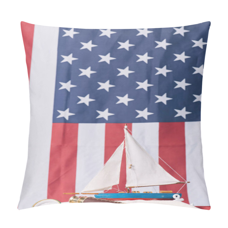 Personality  Decorative Ship In White Sand Near Compass And Telescope On American National Flag Background Pillow Covers