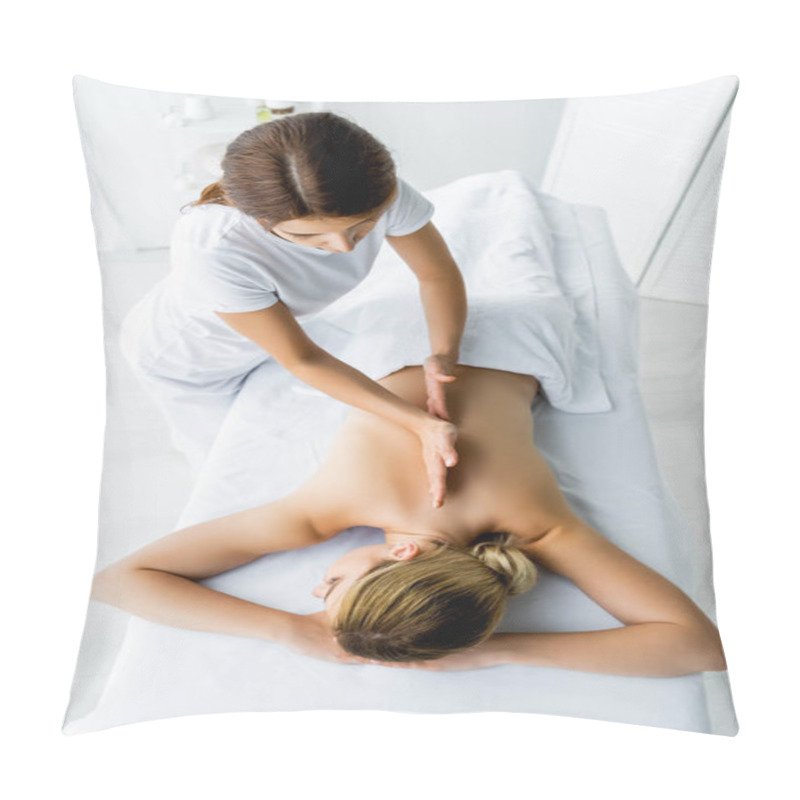 Personality  High Angle View Of Masseur Doing Back Massage To Woman In Spa  Pillow Covers