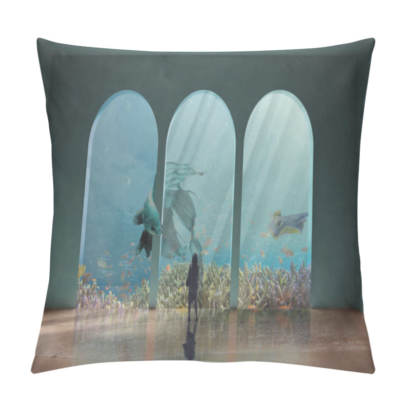 Personality  Surreal Visionary Aquarium With A Big Blue Fish Which Escapes From The Cage While A Young Woman Watches The Scene, Freedom Concept, Imaginary Art Pillow Covers