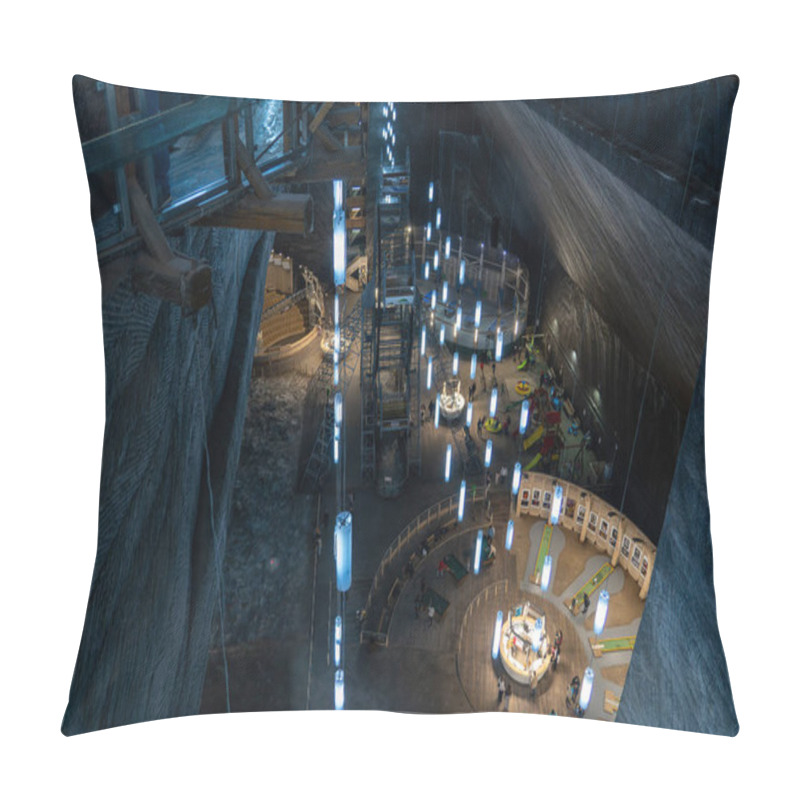 Personality  Turda, Romania, October 20, 2024: A Detailed View Of Salina Turda, Showcasing Its Illuminated Walkways, Underground Attractions, And Recreational Facilities Within The Historic Salt Mine. Pillow Covers