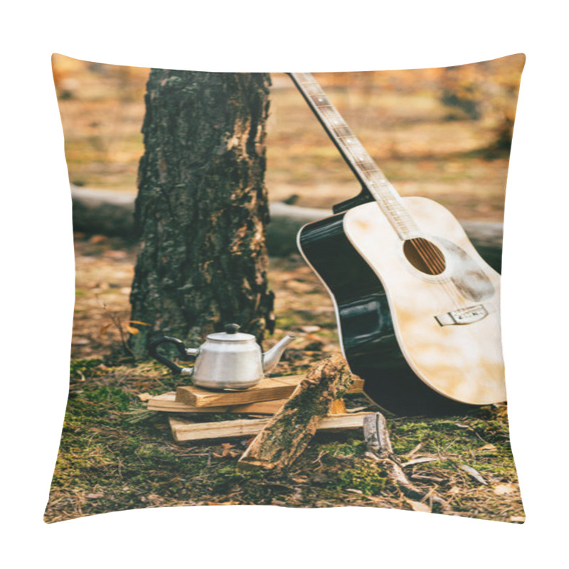 Personality  Metallic Kettle On Pile Of Firewood And Acoustic Guitar On Autumnal Background Pillow Covers