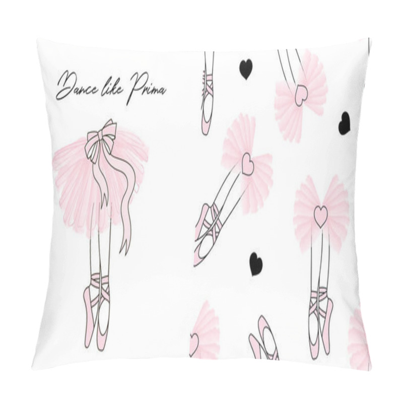 Personality  Design Set Of Print And Seamless Background With Dancing Ballerina Legs In Pointe Shoes And Pink Transparent Ballet Skirt. Pillow Covers