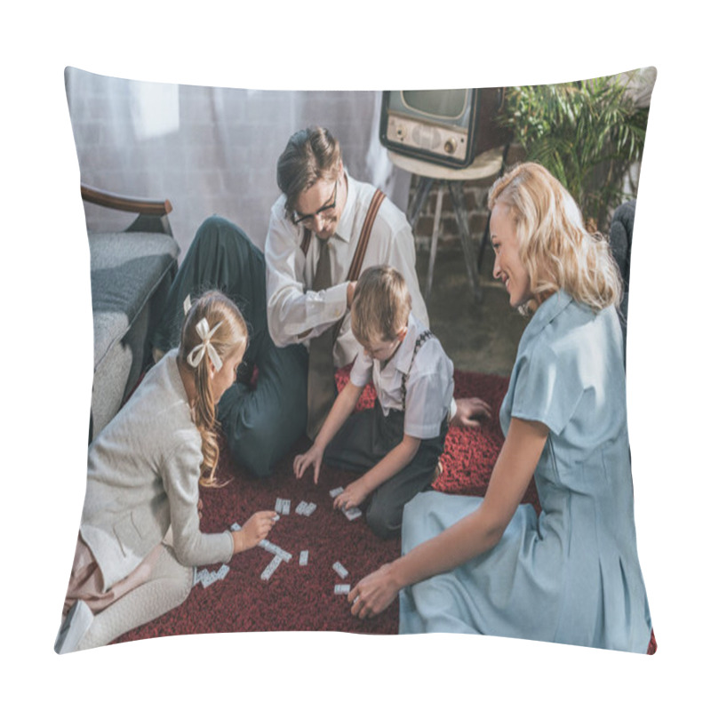 Personality  Happy Family With Two Children Playing Dominoes Together At Home, 1950s  Pillow Covers