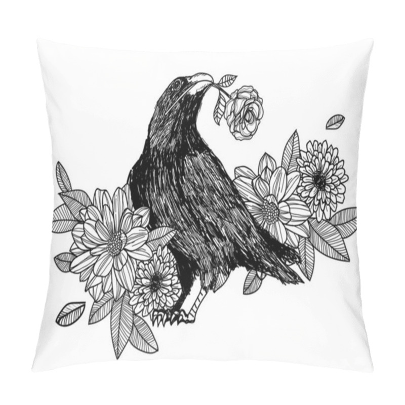 Personality  Tattoo Art Crow And Rose Hand Drawing And Sketch Black And White Pillow Covers