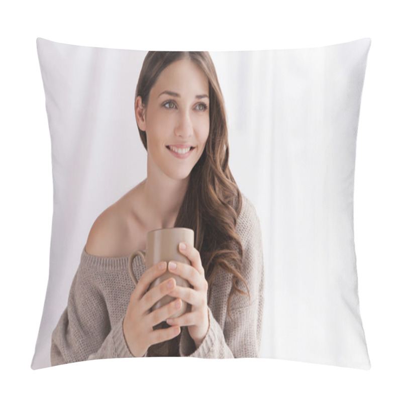 Personality  Beautiful Woman Drinking Coffee, Sitting By Window Pillow Covers