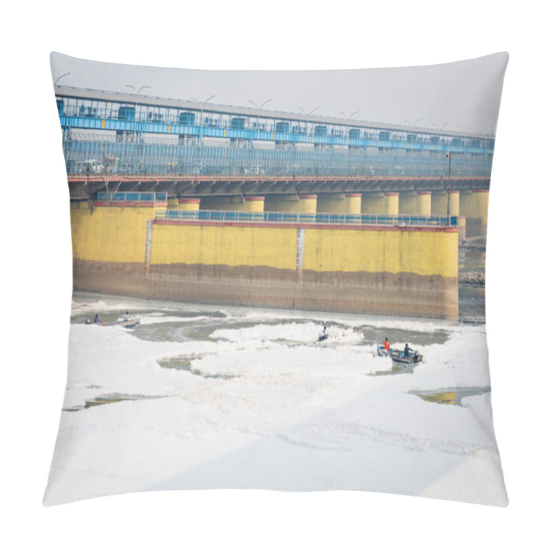 Personality  Polluted River With Industrial And Domestic Effluents Toxic Foam And Road Bridge At Morning Video Is Taken At Yamuna River Okhla Barrage Delhi India On Nov 04 2024. Pillow Covers