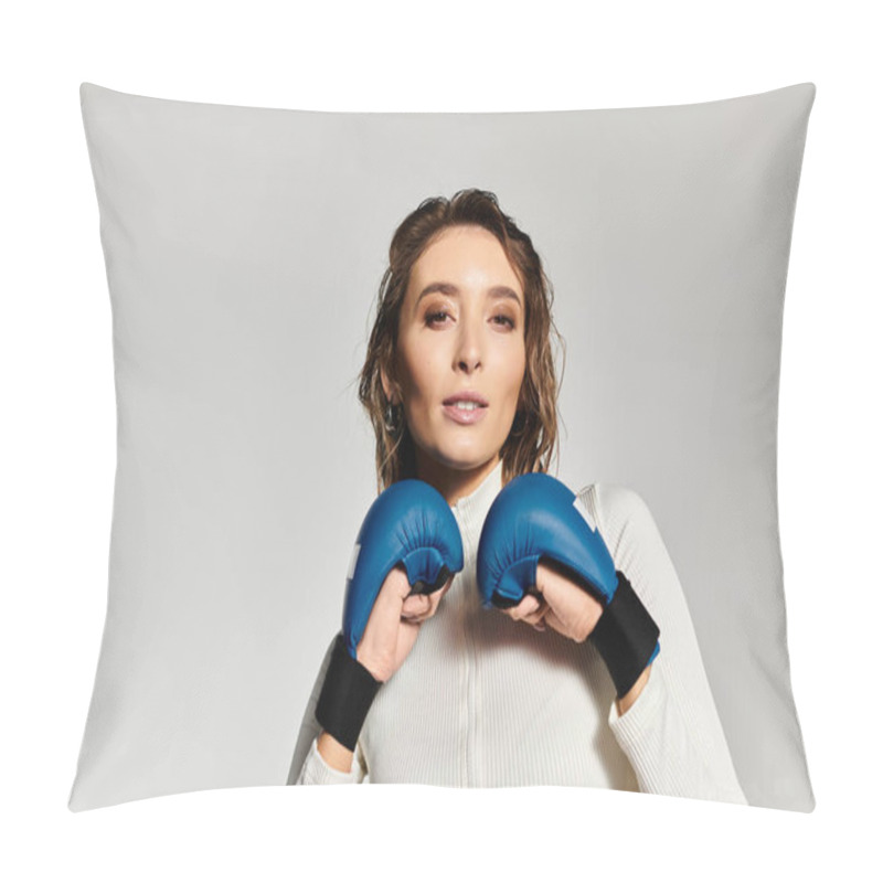 Personality  Confident Young Woman Showcases Stylish Boxing Gloves In Modern Fashion Setting. Pillow Covers