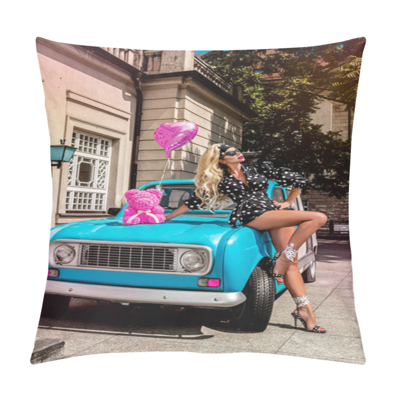 Personality  Polka Dots Fashion. Beautiful Blonde Young Woman Near The Car . Spring And Summer Fashion Model Concept. Rose Bear. Wedding Gift. Pillow Covers