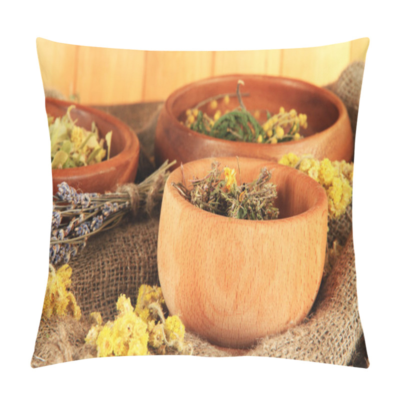 Personality  Medicinal Herbs In Wooden Bowls On Bagging On Table Close-up Pillow Covers