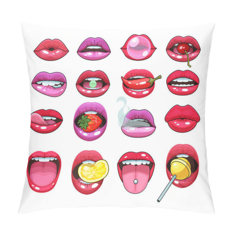 Personality  Sexy Woman Mouth Set. Red Sexy Girls Lips Stickers Expressing Emotions Smile, Kiss, Discontent, Modesty, Show Tongue. Sexy Sensual, Provocative Lips With Pepper, Lemon, Strawberry In The Teeth Vector Pillow Covers