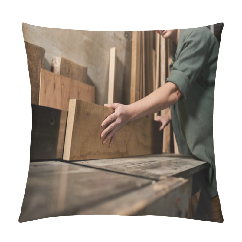 Personality  A Dedicated Carpenter Focuses On Woodworking, Showcasing Craftsmanship And Precision In Her Workshop Space. Pillow Covers