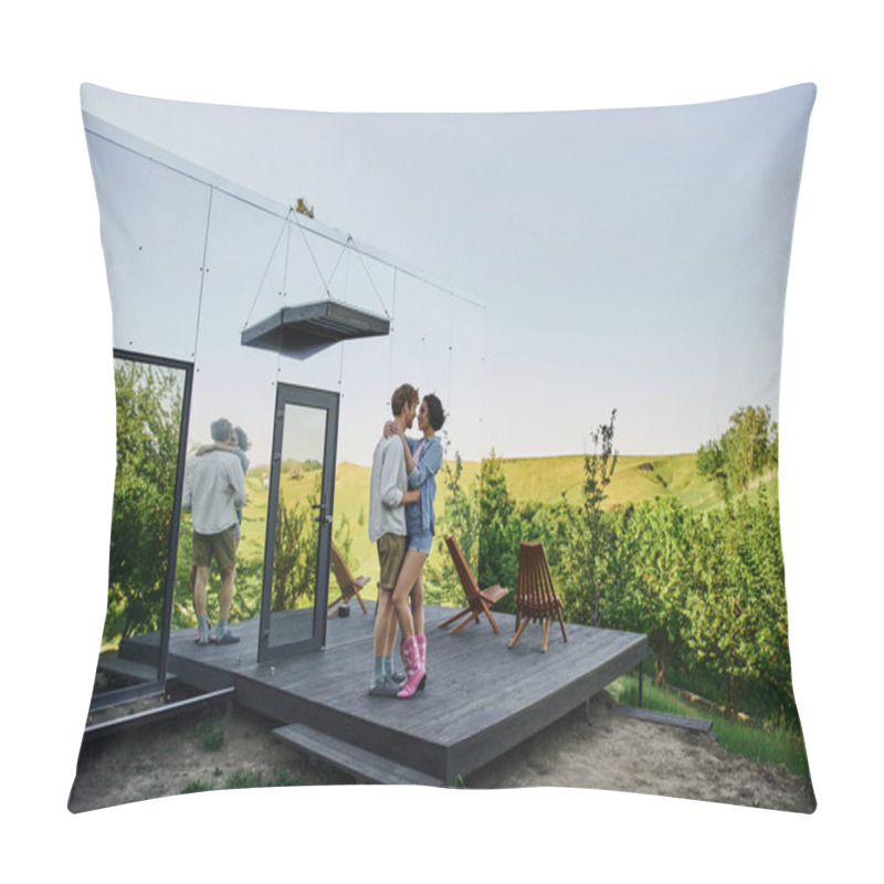 Personality  Young Multiethnic Couple Embracing On Porch Near Modern Glass House, Romantic Date In Countryside Pillow Covers