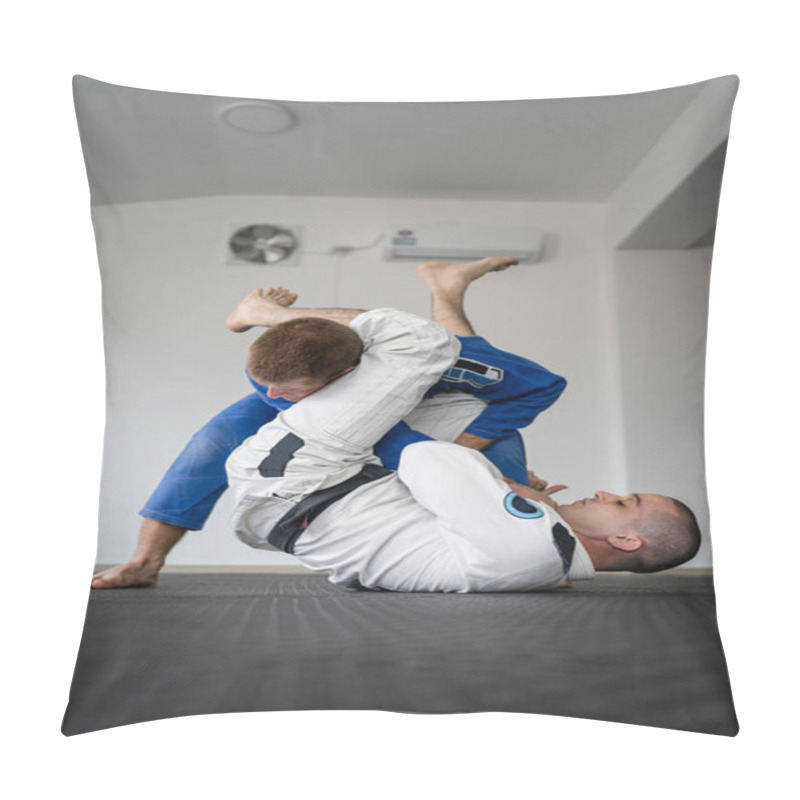 Personality  Brazilian Jiu Jitsu Bjj Training Or Sparing Two Athletes Fighters Dill Martial Arts Technique At Gym On The Tatami Mats Wear Kimono Gi Black Belt Instructor Demonstrate Submission Armbar Juji Gatame Pillow Covers