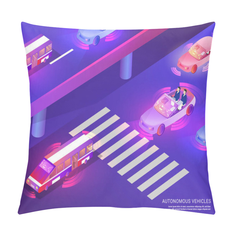 Personality  Responsive Web Template Design With Isometric View Of Smart Cars On Urban Landscape For Autonomous Vehicle Web Template Design. Pillow Covers