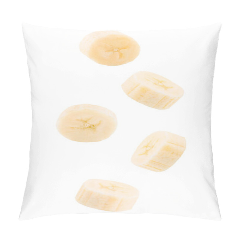 Personality  Flying Fresh Peeled Sliced Banana Fruits On White Background Pillow Covers