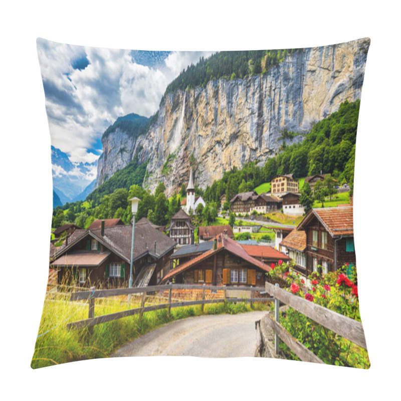 Personality  Amazing Summer Landscape Of Touristic Alpine Village Lauterbrunnen With Famous Church And Staubbach Waterfall. Location: Lauterbrunnen Village, Berner Oberland, Switzerland, Europe. Pillow Covers