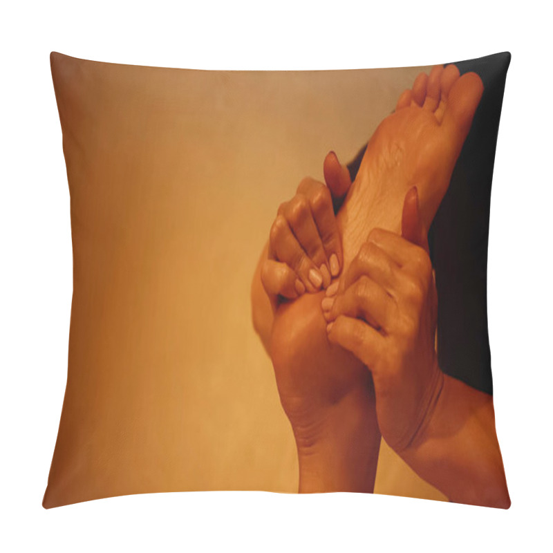 Personality  Cropped View Of Masseur Massaging Leg Of Barefoot Woman On Massage Table Pillow Covers