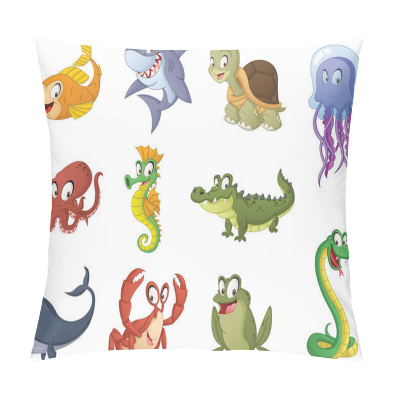 Personality  Group Of Cartoon Fish, Reptiles And Amphibians. Vector Illustration Of Funny Happy Aquatic Animals. Pillow Covers