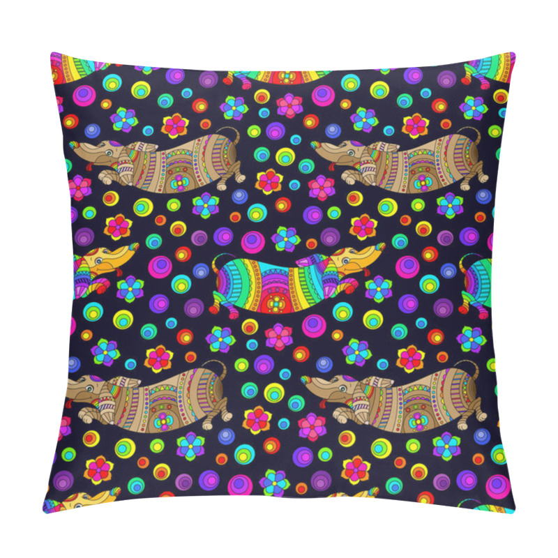 Personality  Seamless Pattern With Bright Dogs Dachshund And Flowers In Stained Glass Style On A Dark Background Pillow Covers