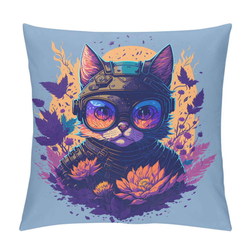 Personality  Futuristic Cat Head Illustration With Flower And Sunglasses On Clean Background. Vector Vintage Painting Style Design With Floral Elements For T-Shirt, Poster, Banner, Invitation Or Cover Pillow Covers