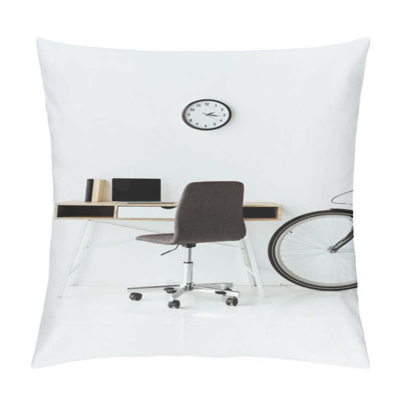 Personality  Modern Workplace With Laptop And Bicycle In Front Of White Wall Pillow Covers